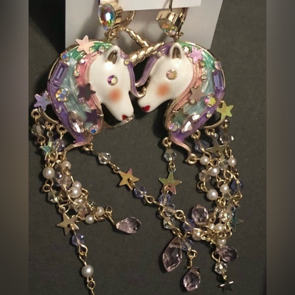Betsey johnson unicorn tassel dangling gemstone chandelier earrings new‎ - Picture 3 of 15